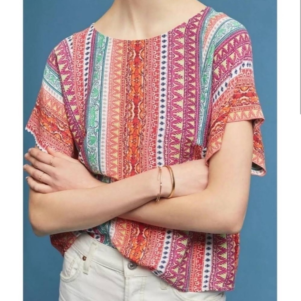 Anthropologie Maeve Milla Boxy Top Cropped Multi Color Printed Boho women’s xs